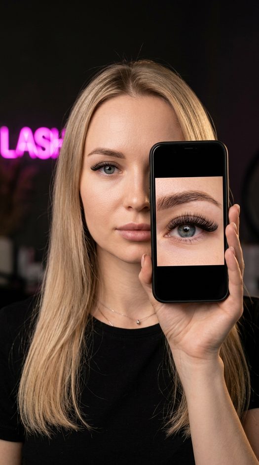 лэшмейкер со смартфоном и неоном lash