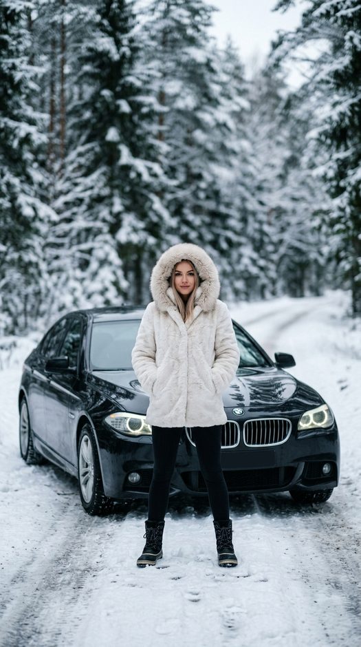 женщина у bmw f10 в зимнем лесу