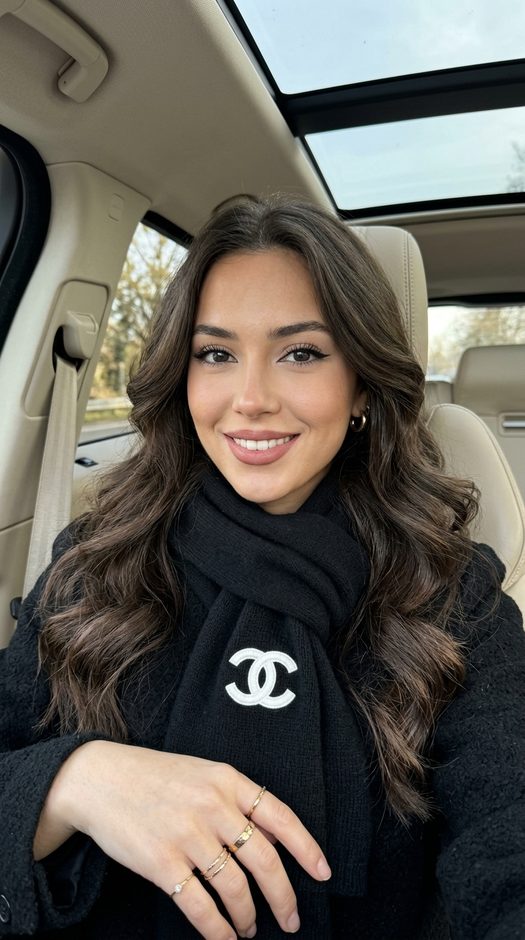 селфи в машине с шарфом chanel