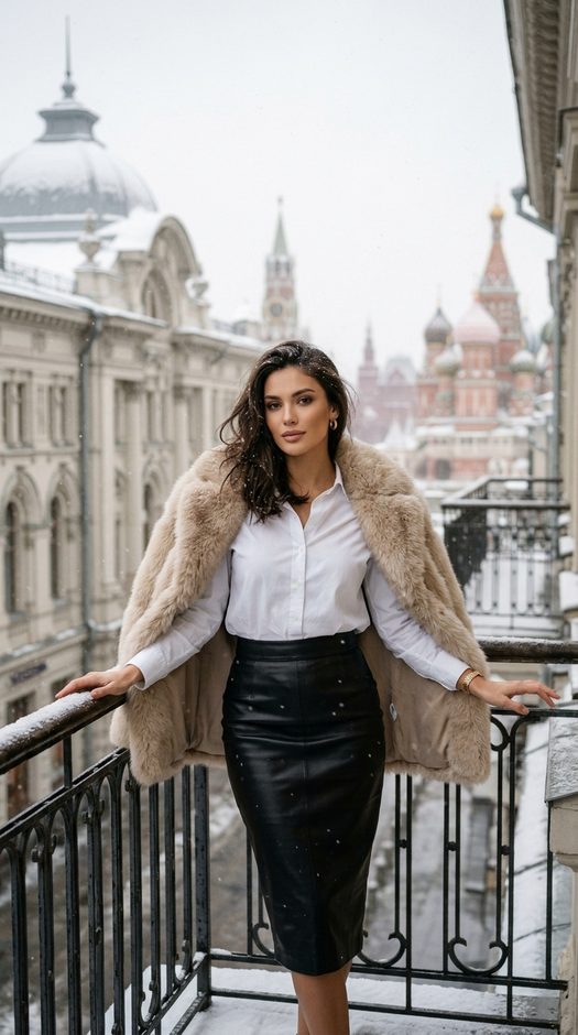 женщина на балконе с видом на зимнюю москву