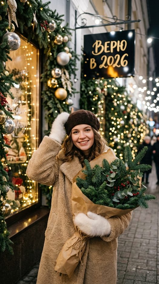 зимняя фотосессия у витрины с еловым букетом