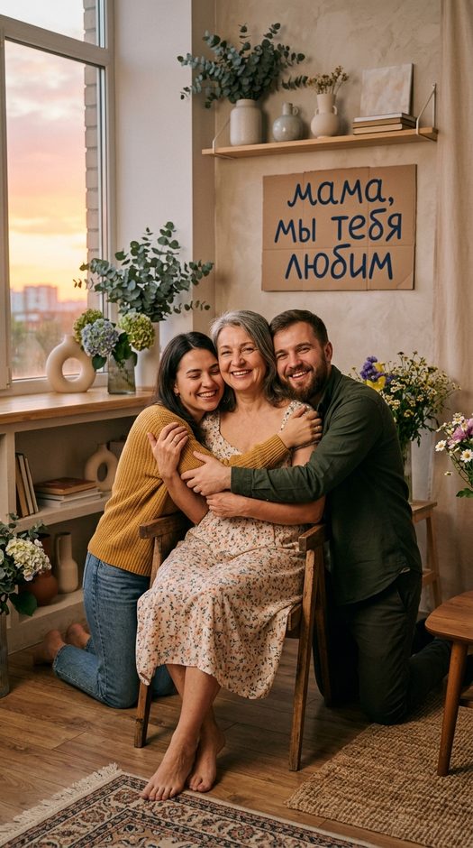 Семейная фотосессия мамы с детьми в студии