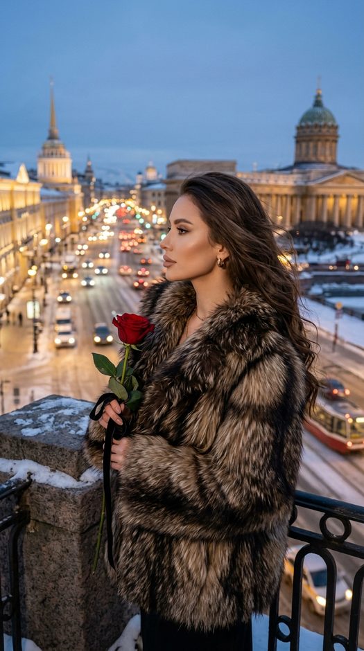 гламурная фотосессия в шубе с розой в петербурге