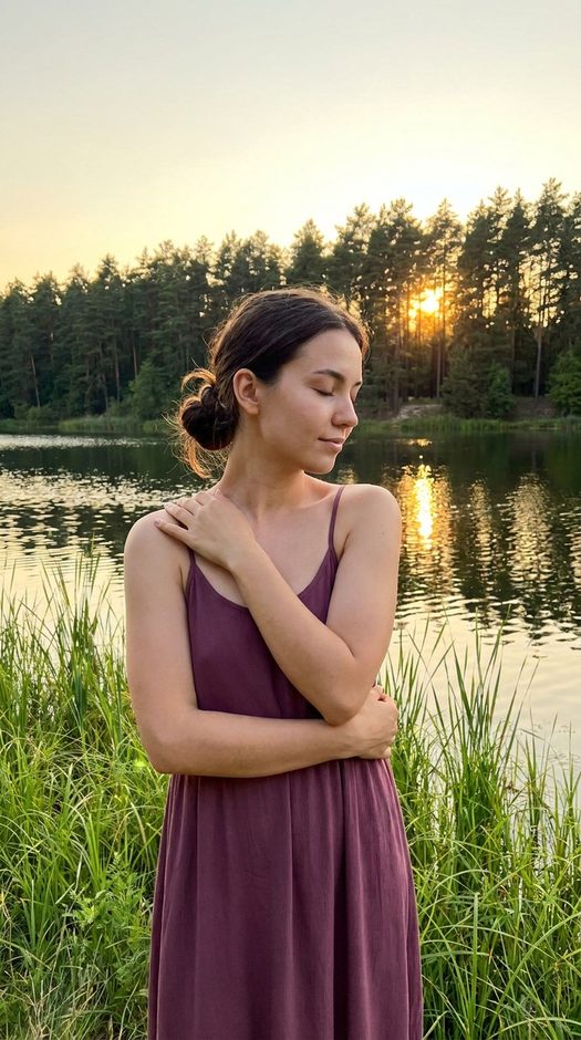 Фото у озера в сливовом платье на закате