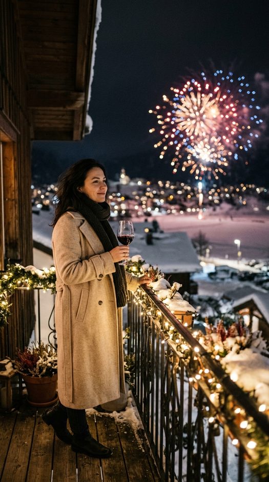 девушка на балконе с вином и фейерверками зимой
