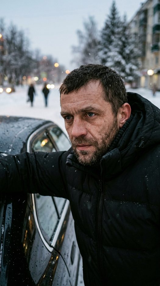 мужчина у черного bmw зимой