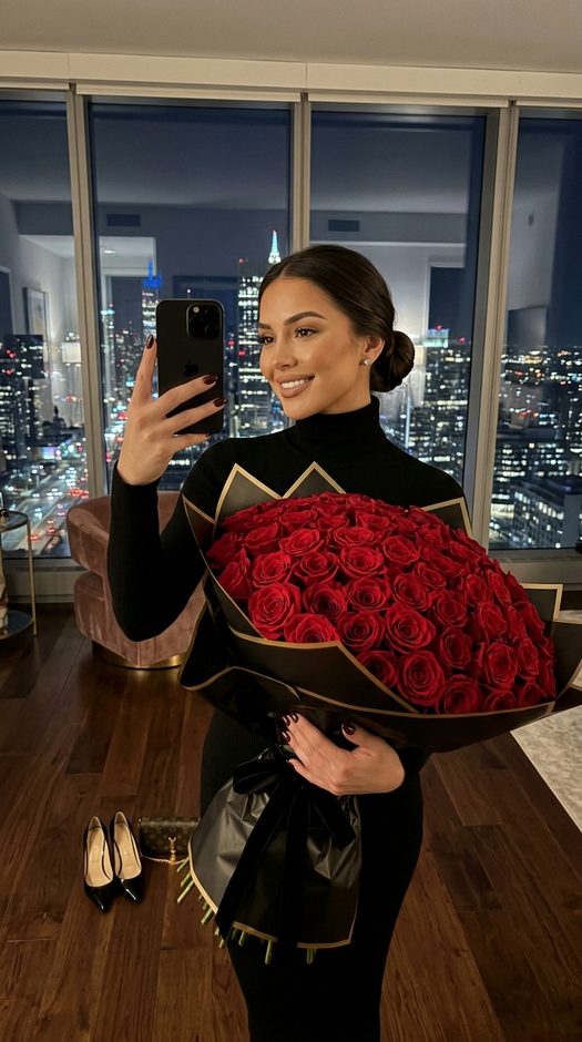 ночное селфи с букетом красных роз