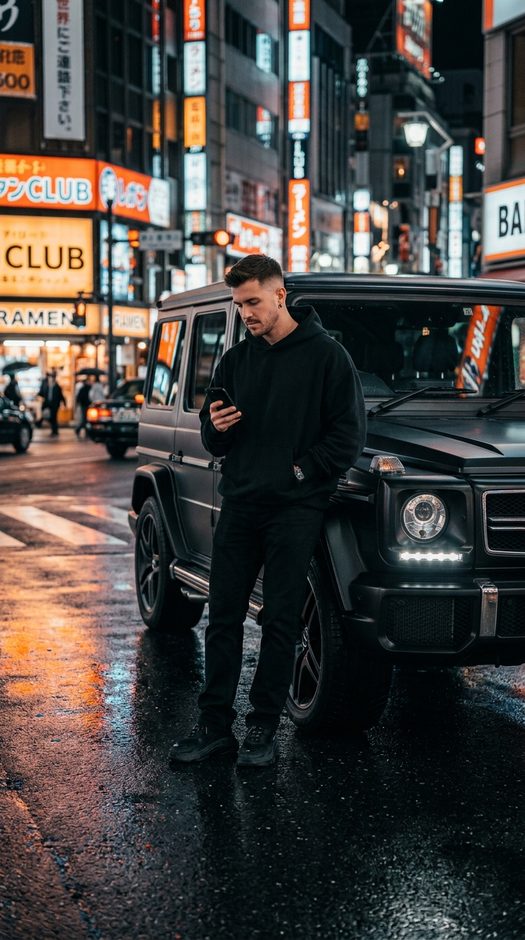 мужчина у g class в неоновом ночном городе