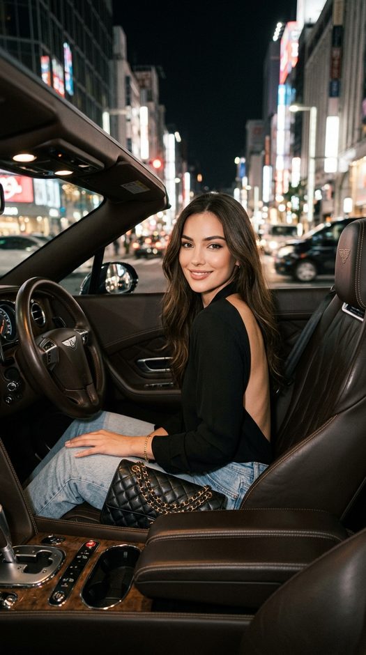 девушка в люксовом авто ночью