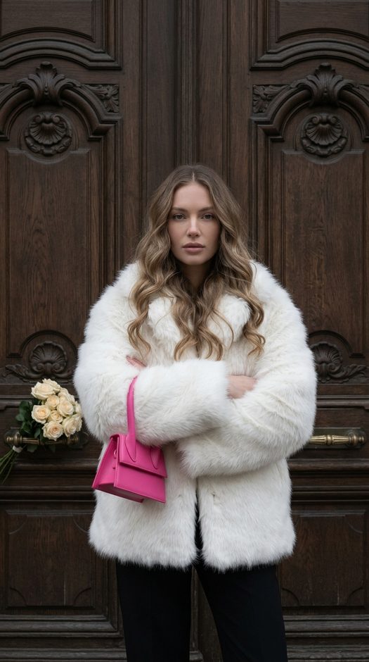 девушка у резной двери с розами и розовой сумкой