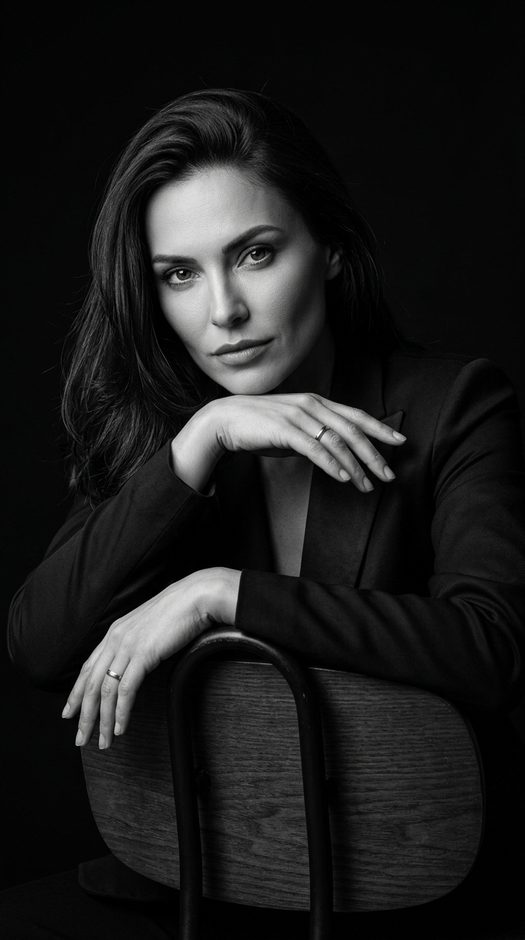 студийная фотосессия у стула на черном фоне
