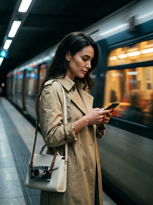 женщина на платформе метро в бежевом тренче