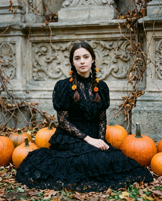 осенняя фотосессия среди тыкв в викторианском платье