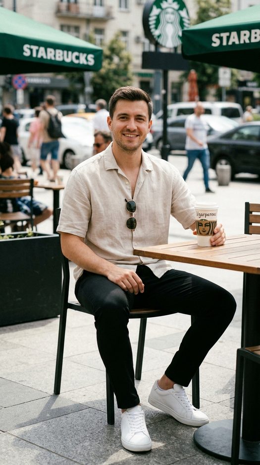 мужчина в starbucks на террасе с кофе