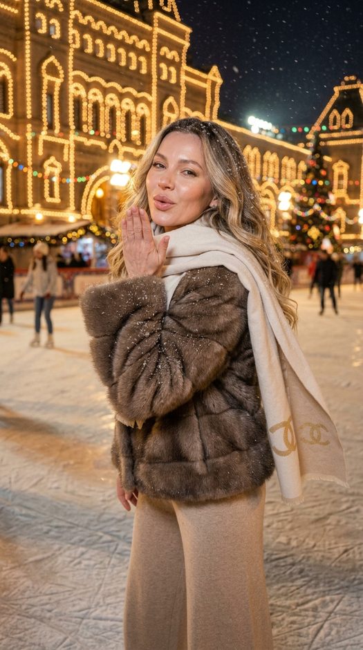зимняя фотосессия на катке у гума в соболиной шубе