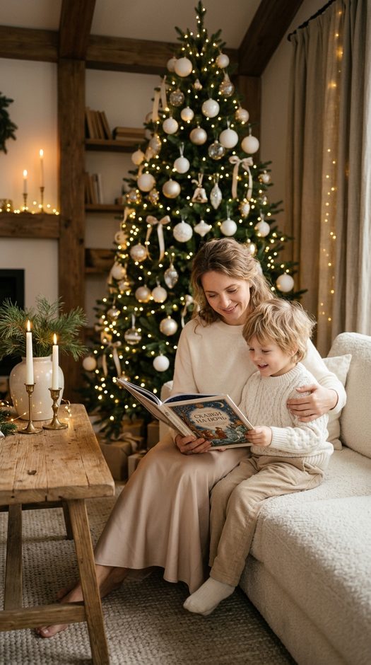мама с сыном у новогодней елки с книгой