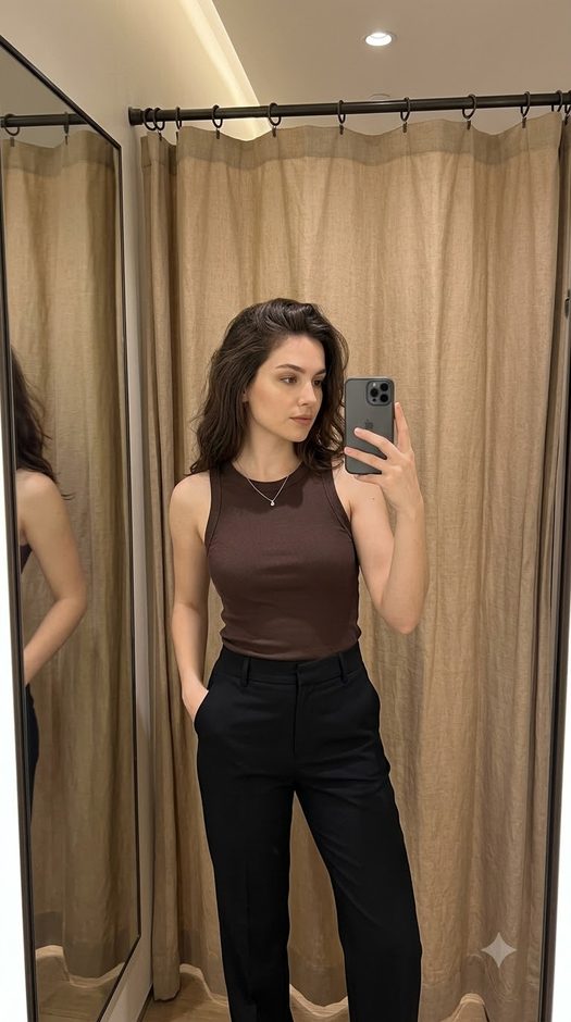 mirror selfie в примерочной в брюках и майке
