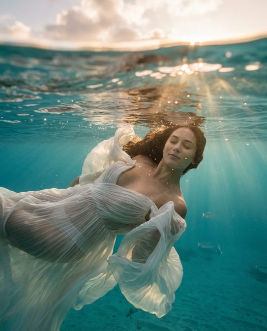 Подводная фотосессия в море с шифоновым платьем