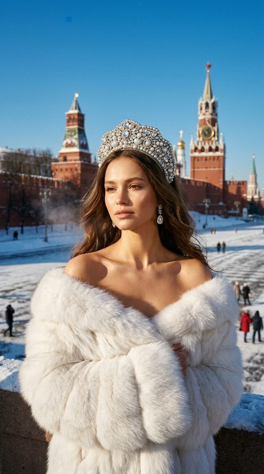 девушка у кремля в шубе и кокошнике зимой