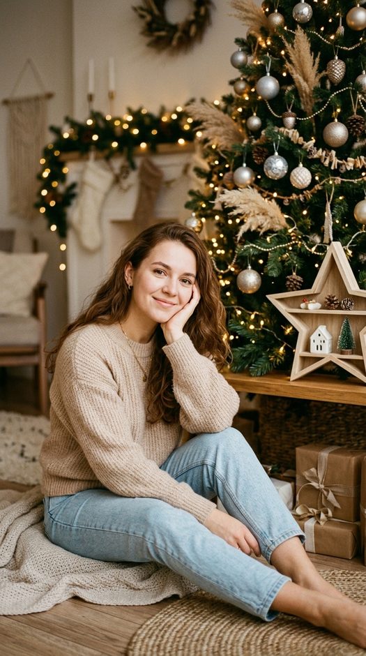 новогодняя фотосессия у елки в светлом свитере