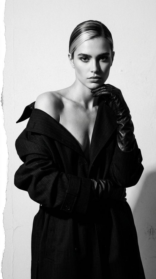черно белая fashion фотосессия в пальто и перчатках