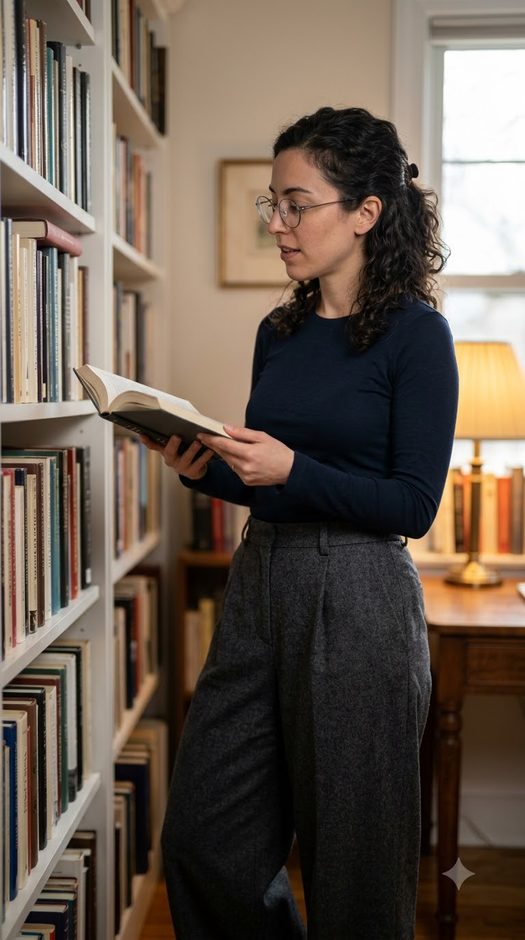 женщина у книжного стеллажа с книгой