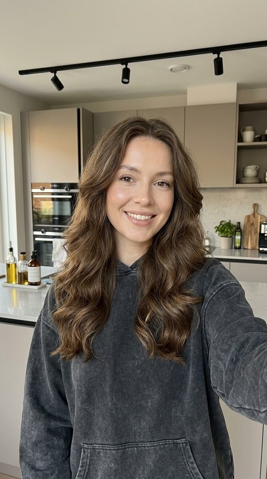 селфи девушки в худи на современной кухне