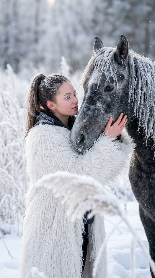 женщина с конем в инее