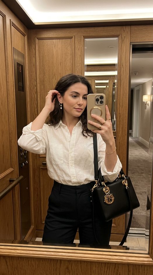зеркальное селфи в лифте с сумкой lady dior