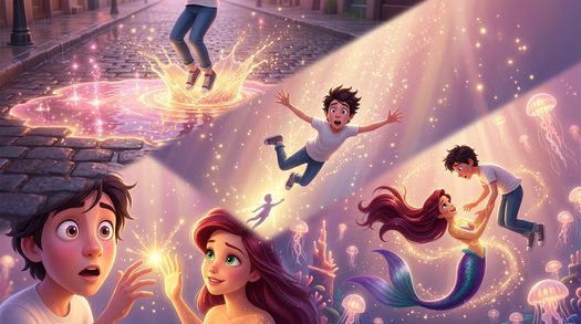 ребенок ныряет в лужу к русалке pixar