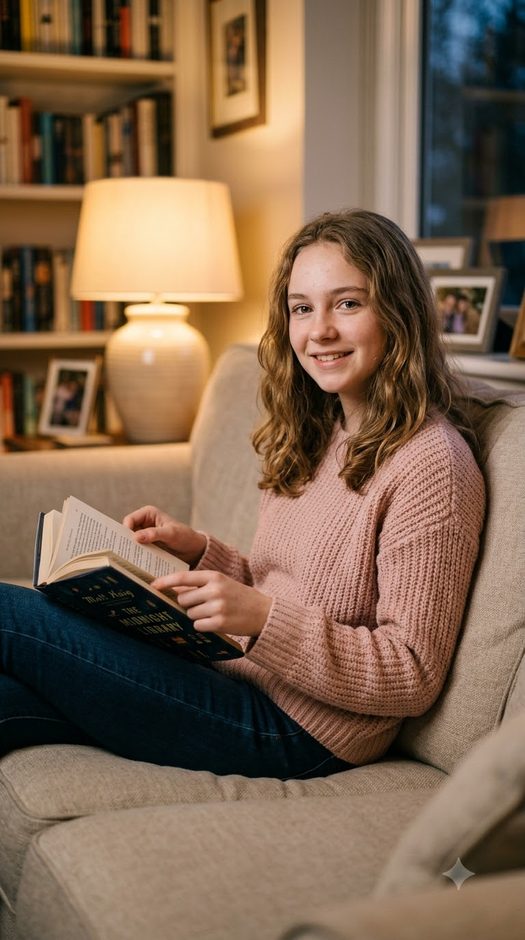 подросток с книгой на диване дома