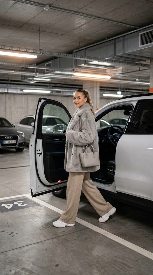девушка выходит из белого suv на подземной парковке