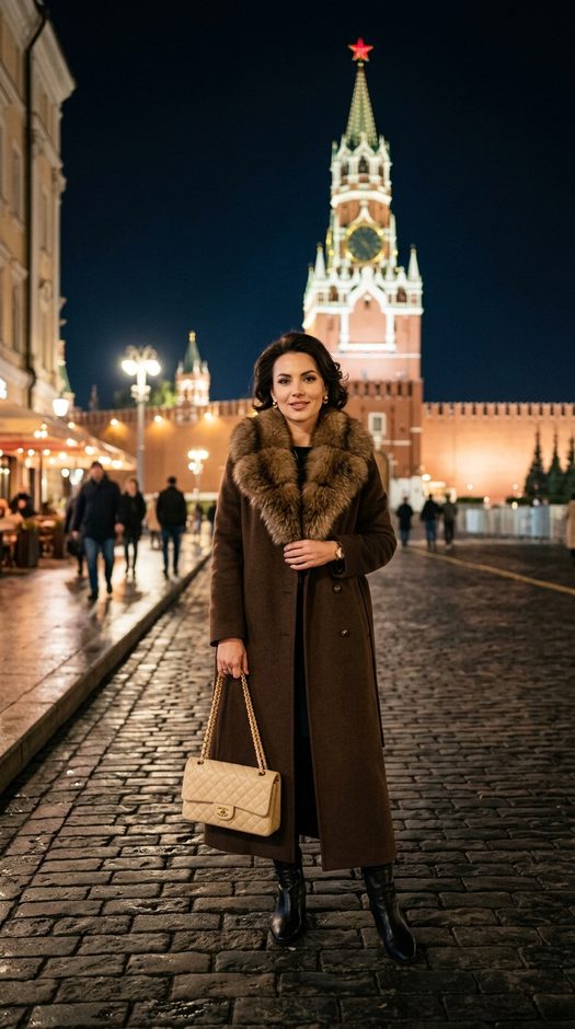 ночная фотосессия у спасской башни в пальто