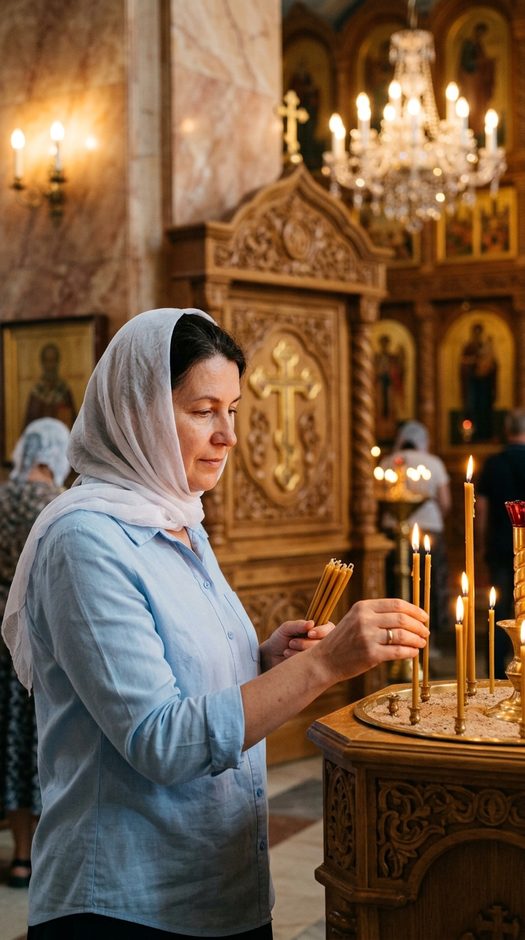 женщина в храме со свечами