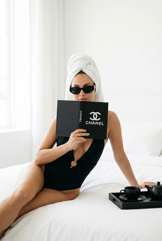 девушка на белой кровати с книгой chanel