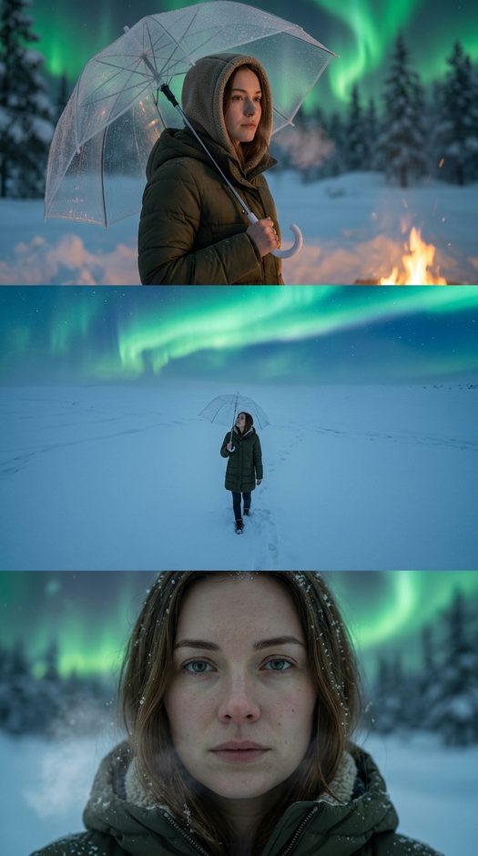зимняя фотосессия с зонтом и северным сиянием