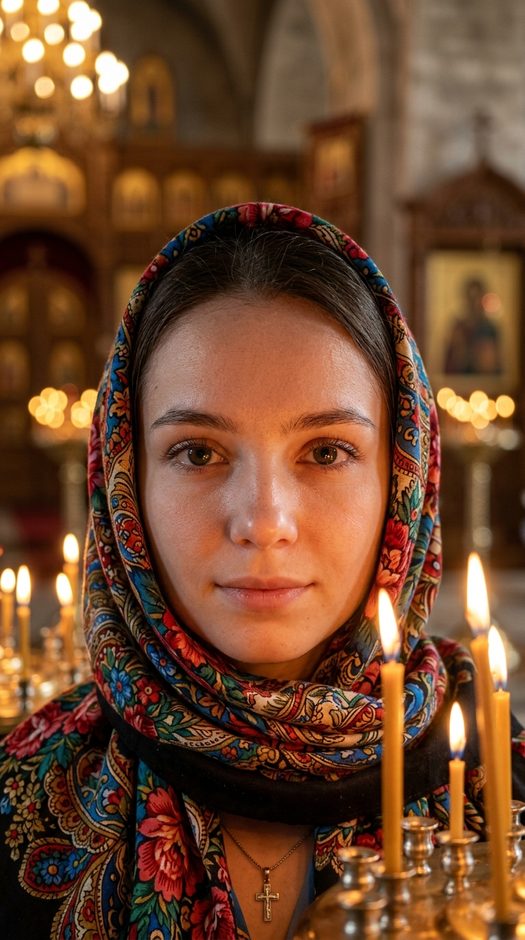 женское лицо в платке при свечах