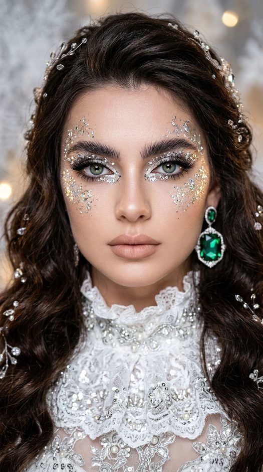 зимняя beauty фотосессия с глиттером и серьгой