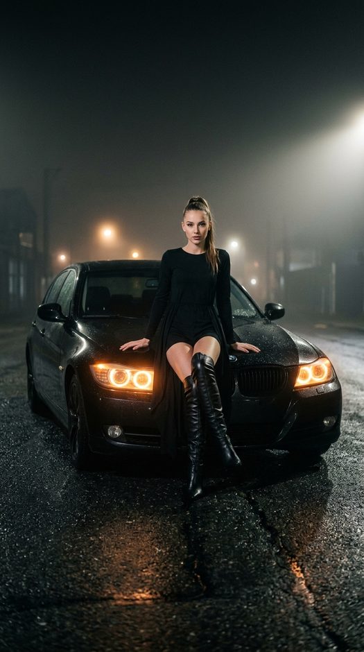 девушка на bmw e90 в тумане ночью