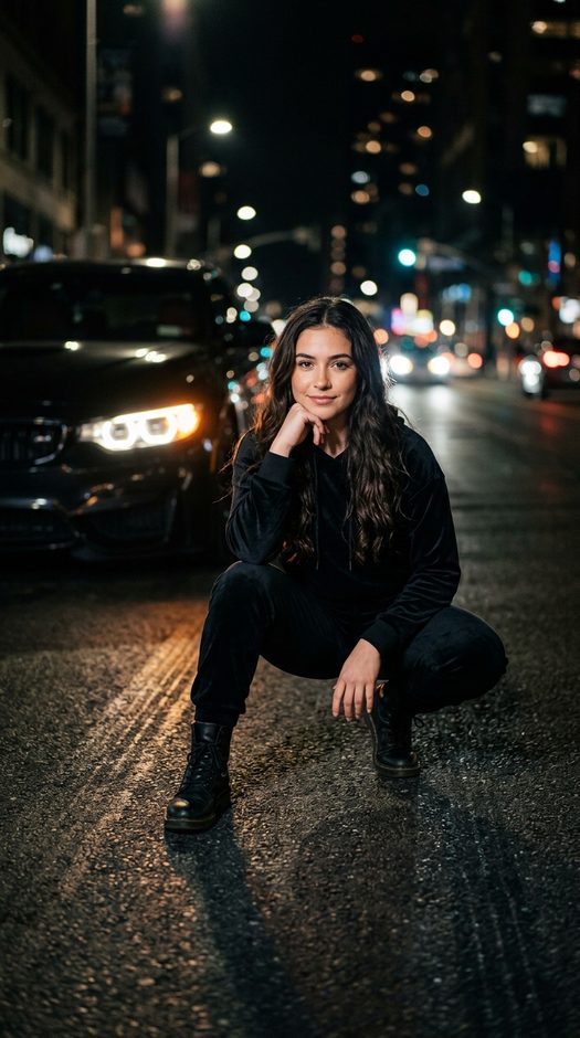 ночная фотосессия с черным bmw на дороге