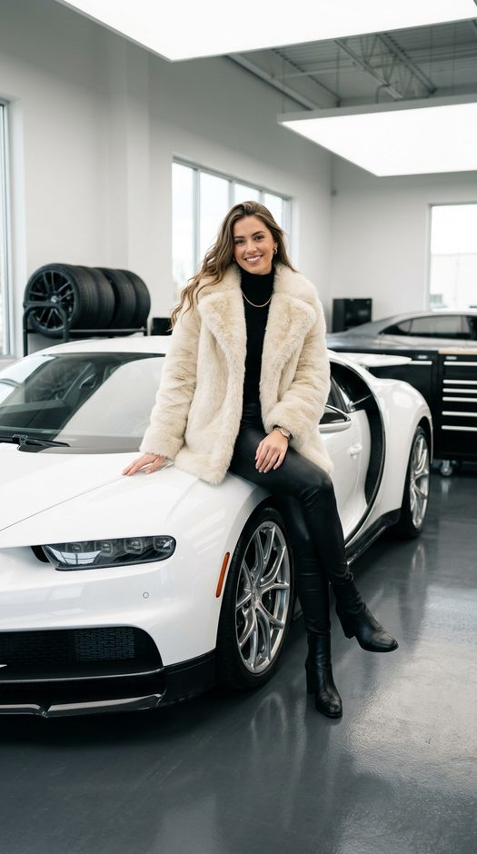девушка на bugatti chiron в светлом гараже