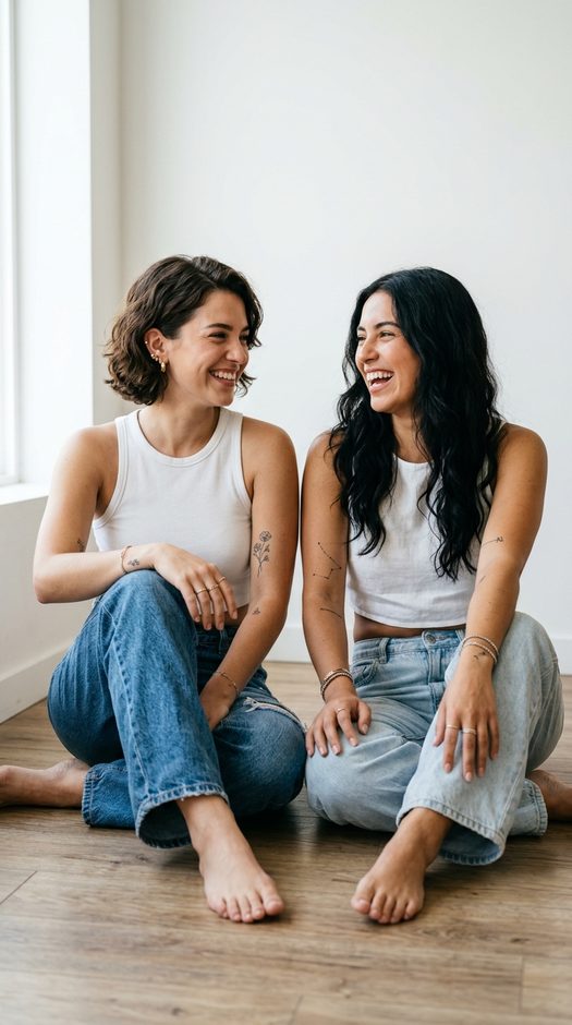 две подруги в джинсах на полу у белой стены