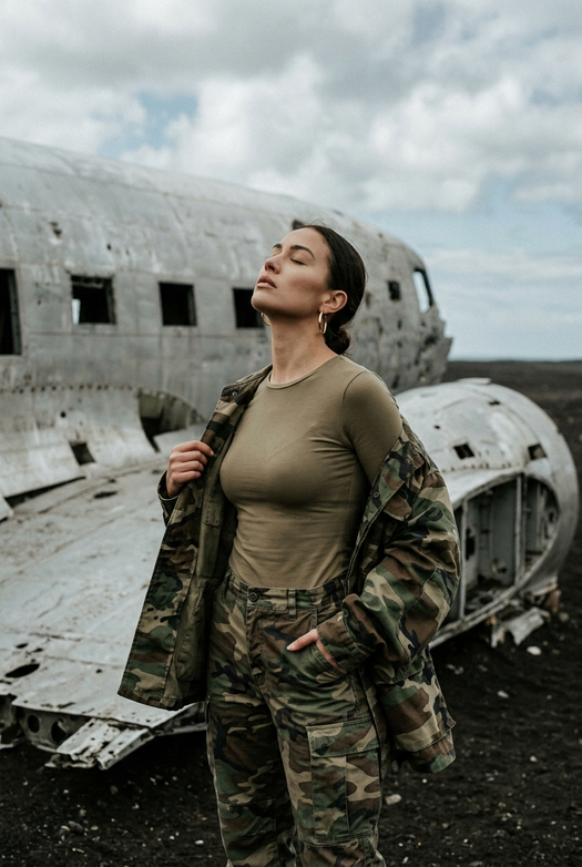 фотосессия у обломков самолета в камуфляжном образе