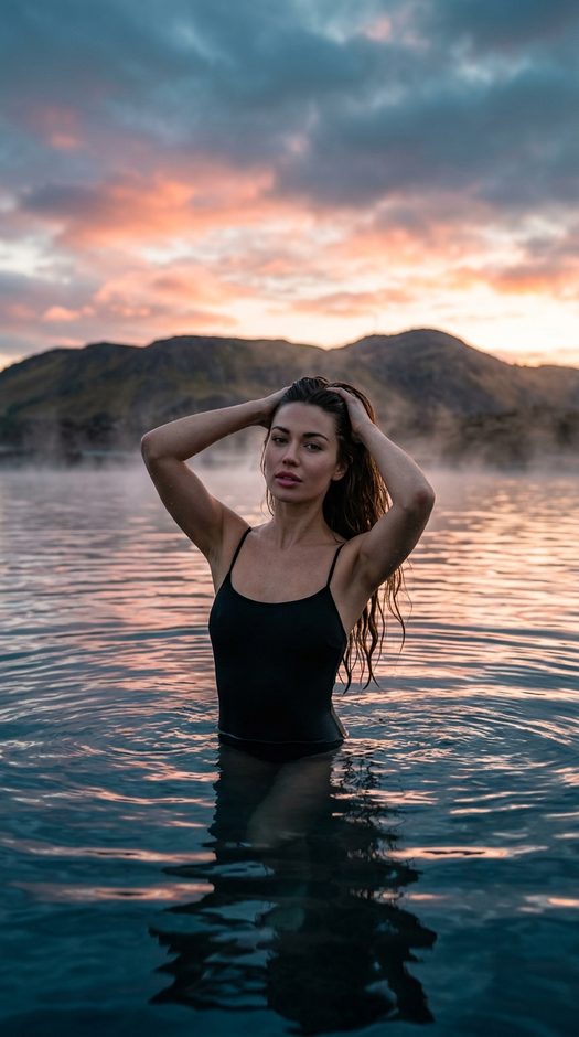 женщина в воде на закате у гор