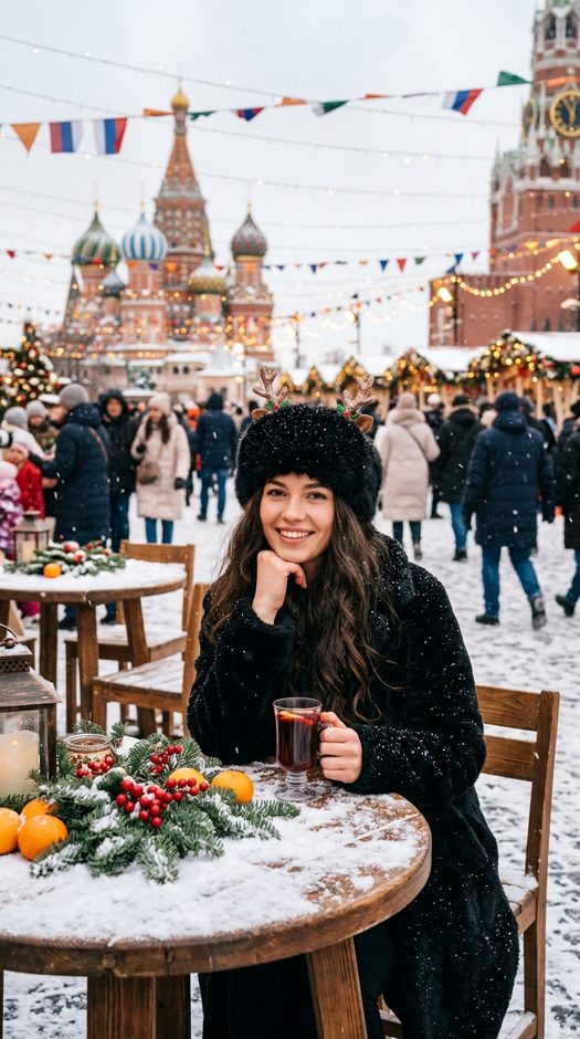 зимняя фотосессия на красной площади с мандаринами