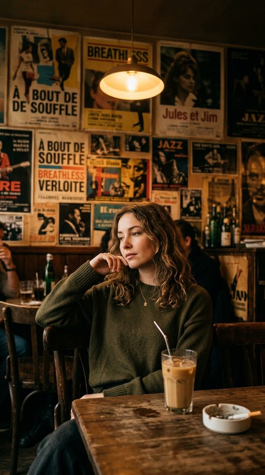 девушка в ретро кафе с iced coffee