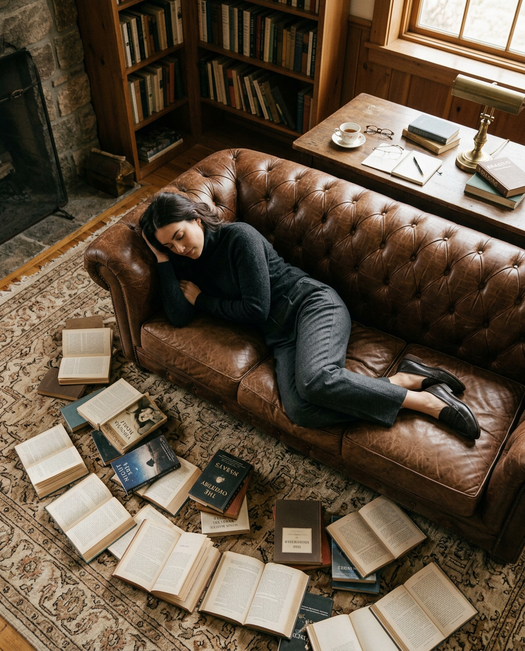 женщина на кожаном диване среди книг
