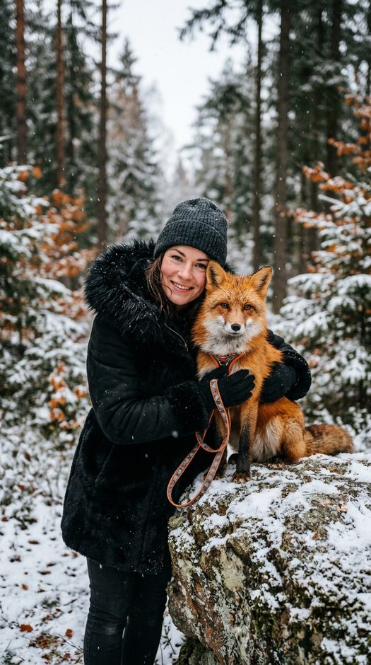 женщина с лисой в осеннем лесу