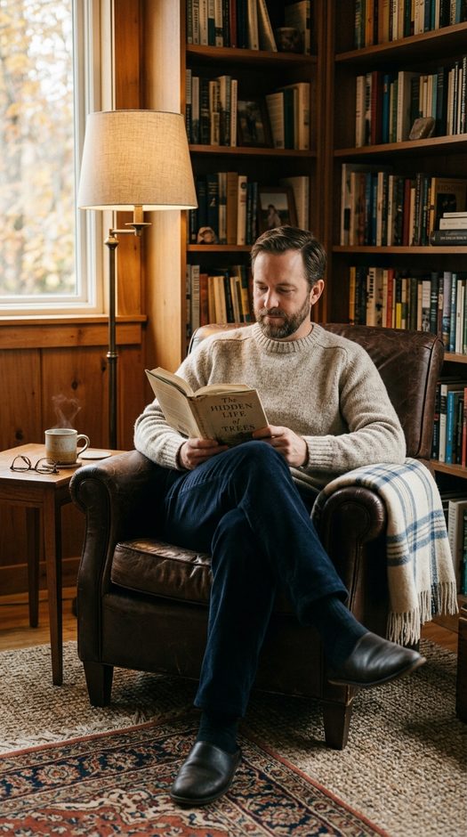 мужчина с книгой в кресле дома