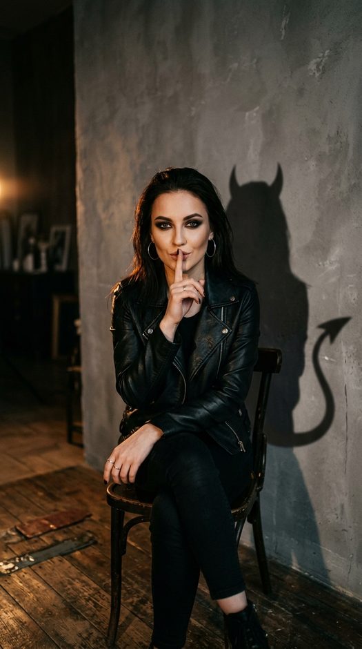 женщина с дьявольской тенью у серой стены
